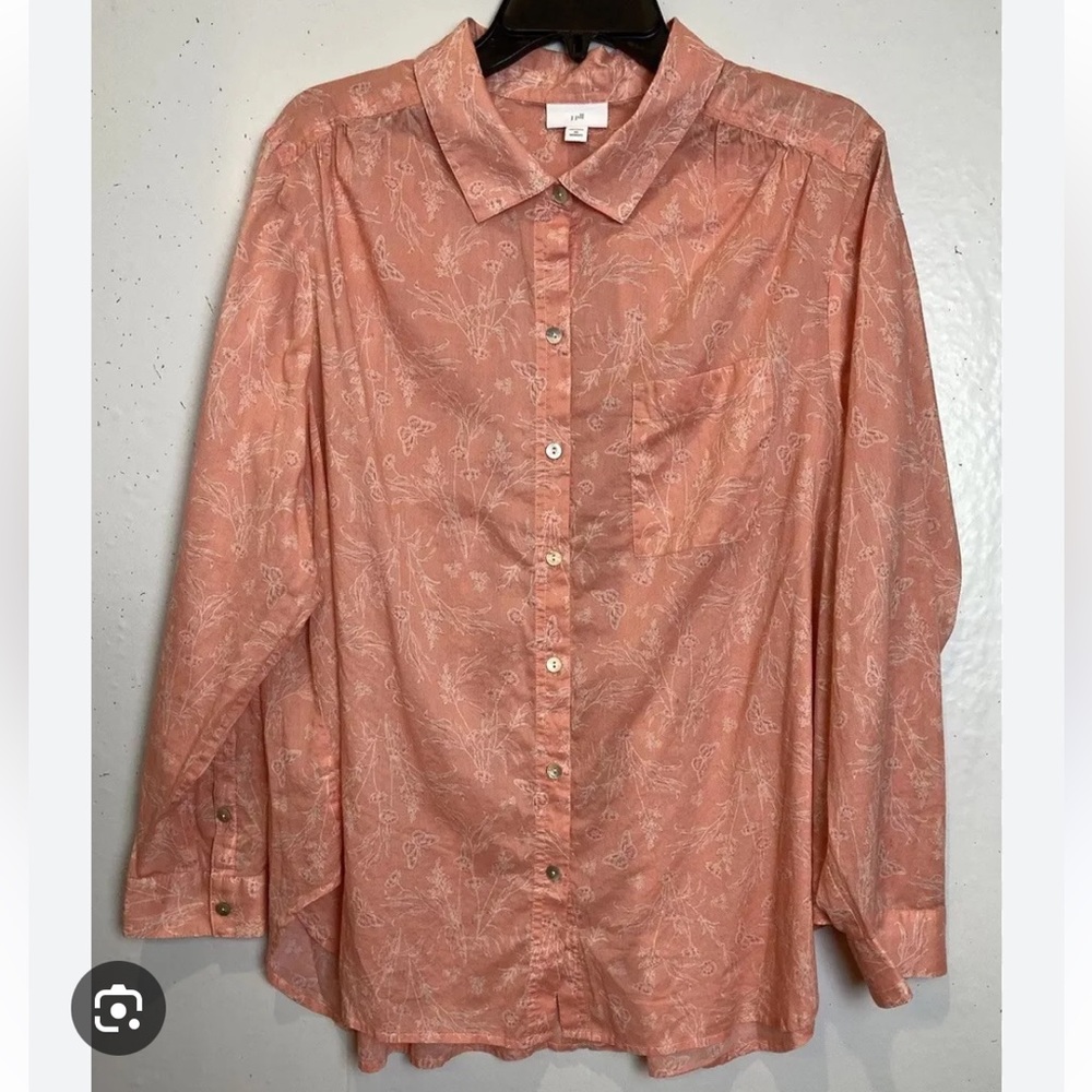 J Jill Button Front Shirt Floral Butterfly Peach Lightweight Cotton Large Petite
